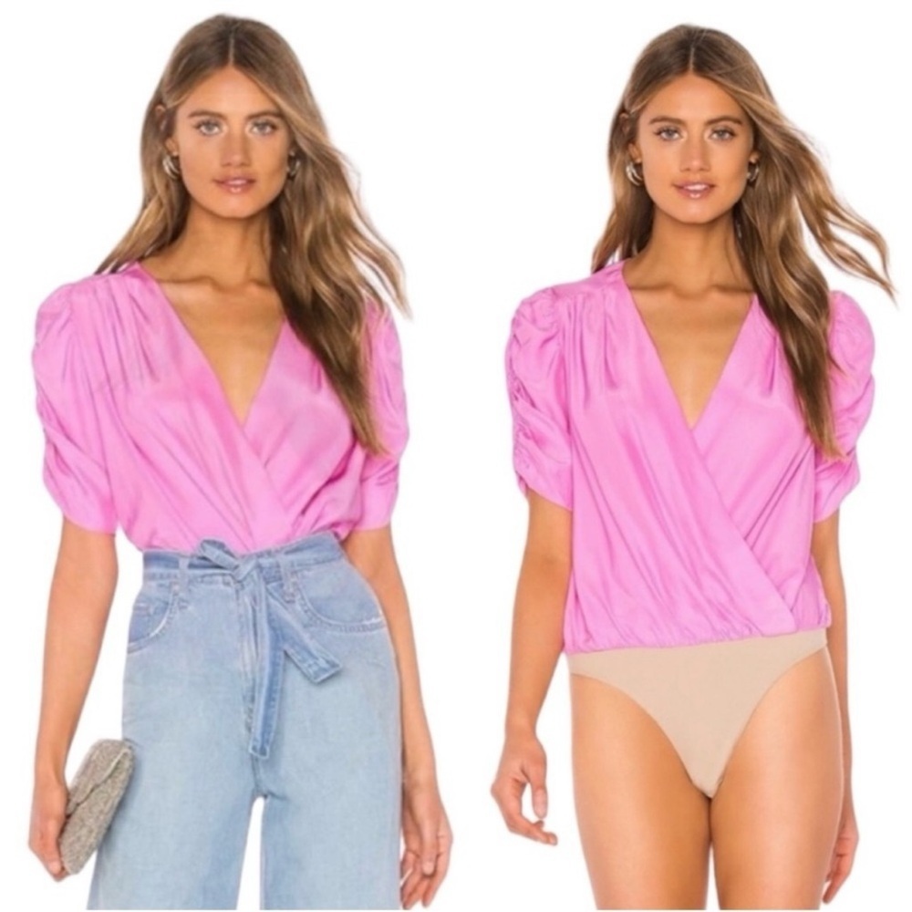 Amanda Uprichard Arabella Silk Short Sleeve Surplice Bodysuit Pompei Pink Small